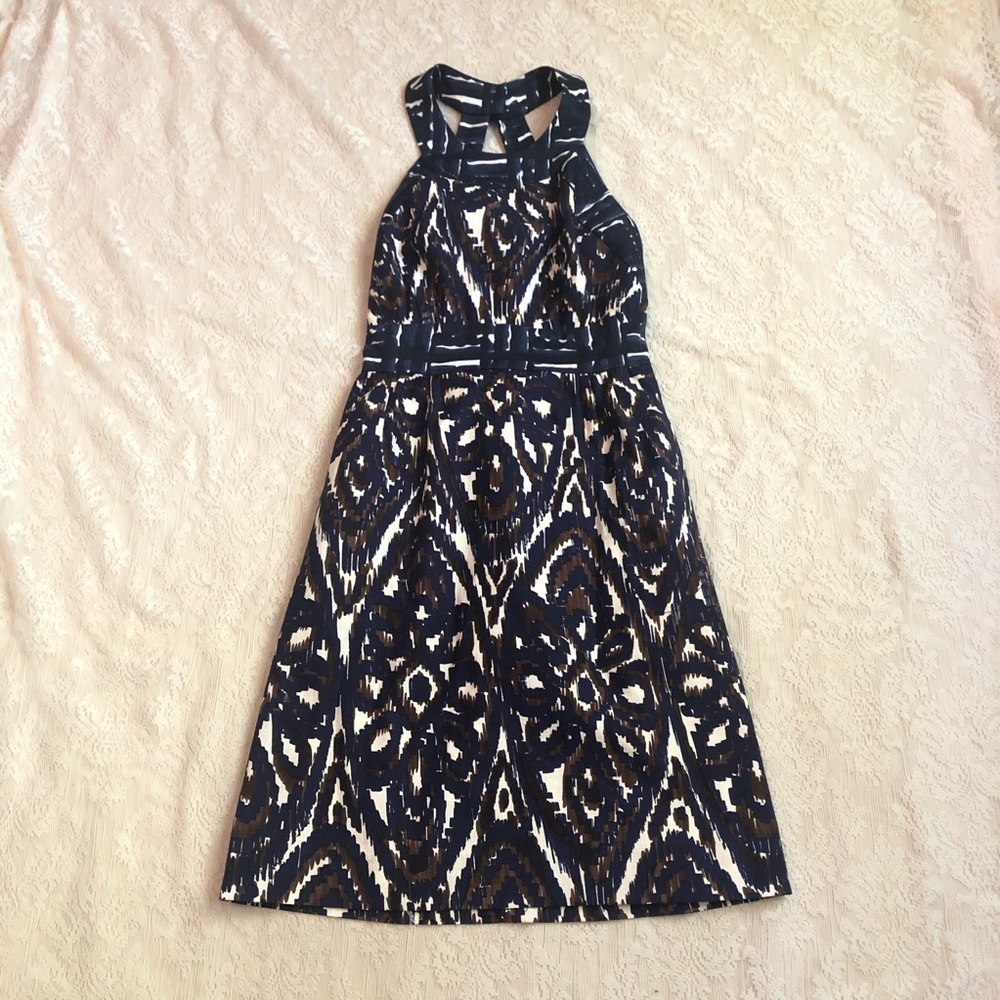 Milly navy ikat sheath open back dress